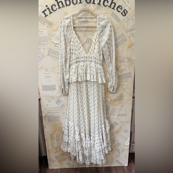 Free People Rococo Sand Emi Long Sleeved Dress Ruffle Lace Trim Metallic Ivory - Picture 6 of 6